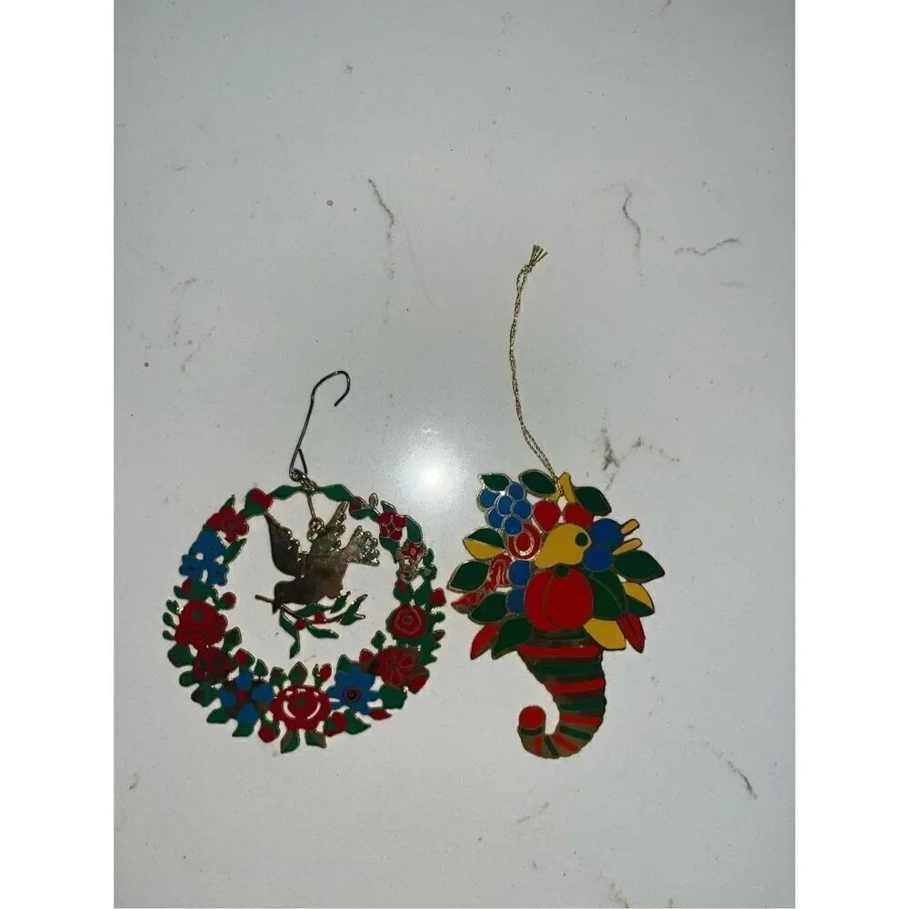 Bundle of 2 MMA 1980’s Ornament Colored Enamel Gold Plated Cornucopia Wreath